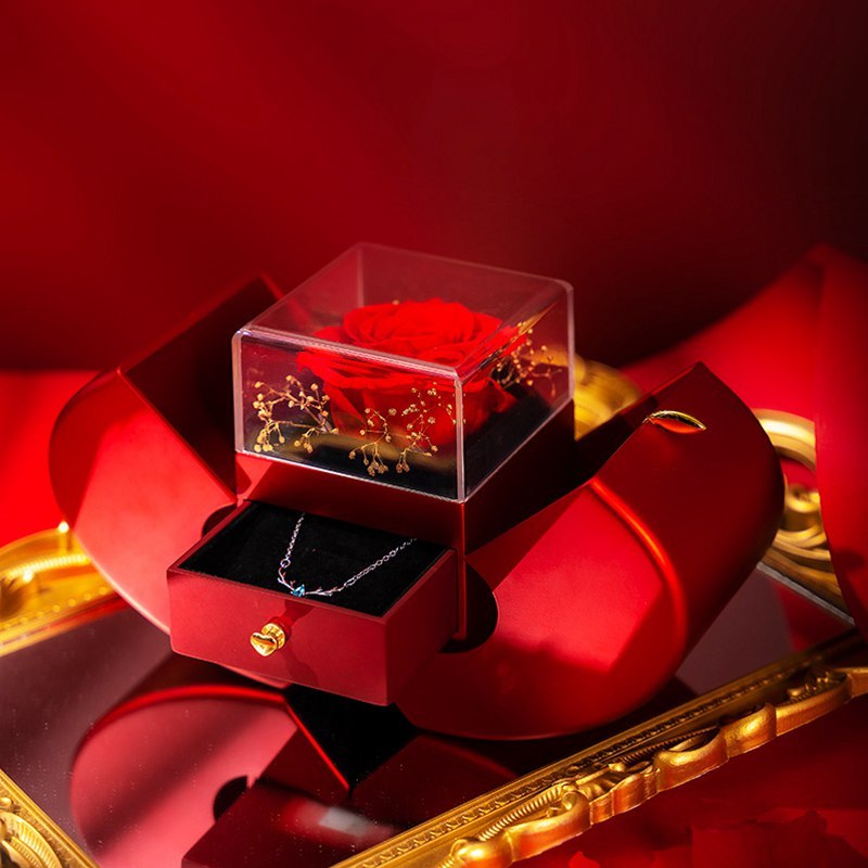 Red Apple Jewelry Box with Eternal Rose – Gift for Her